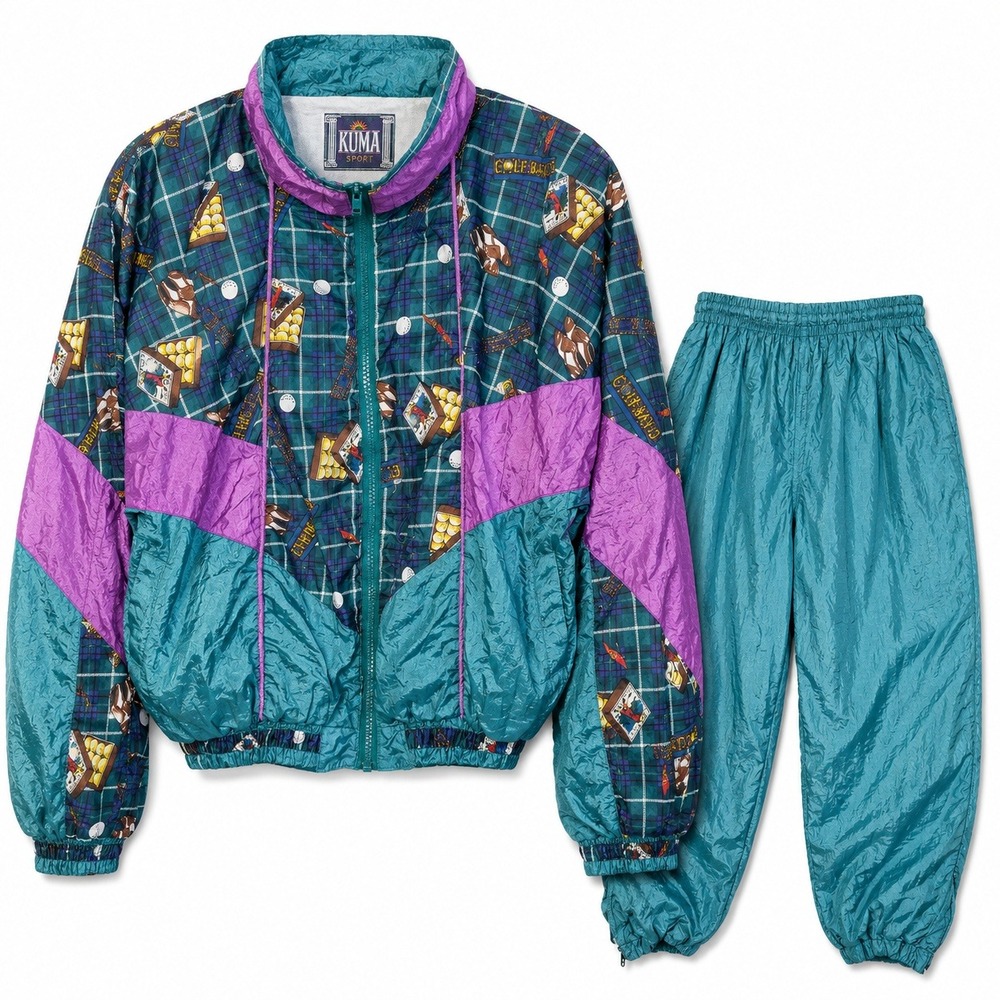 Kuma Sport Tracksuit Set Mens L Teal Purple Golf Print Vintage 90s Windbreaker